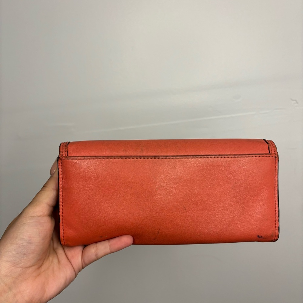 Coach Top Stitched Bifold Wallet Womens Leather Peach Coral Snap - Picture 4 of 6